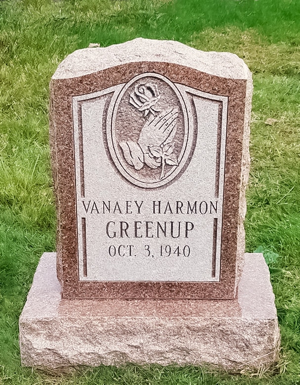 Greenup Red Stone with Rose and Praying Hands Carving