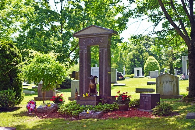 Ridge Red Granite Memorial with Bronze Boxer Dog Statue